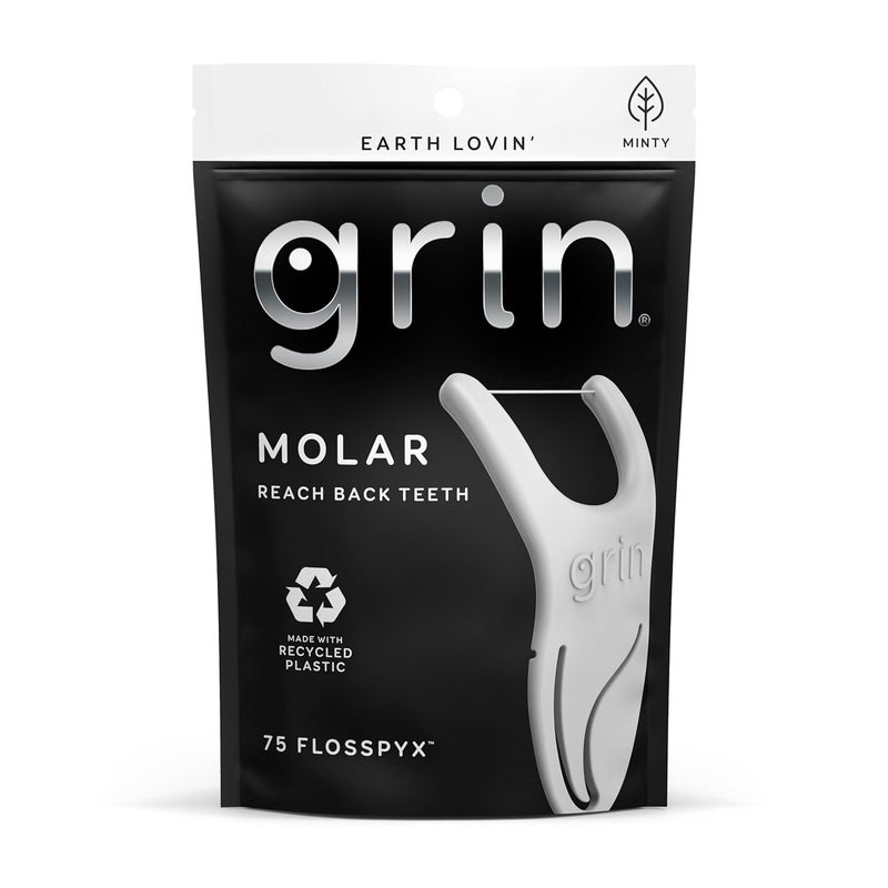 GRIN Molar Flosspyx, Floss Picks, 75 Count, Dental Flossers, Minty Flavor, Recycled Plastic, Great for Reaching Back Teeth, Slide Easily Between Teeth, Includes Safe Soft Fold-Back Tooth Pick - Image 1